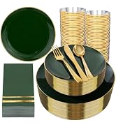 NOCCUR 350PCS Green Plastic Plates - Disposable Green Gold Dinnerware Set for 50 Guests, 100 Dinn...