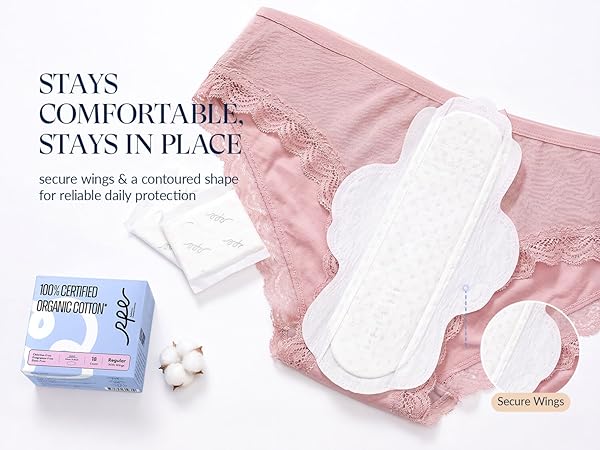 RPE Life organic cotton regular pads with secure wings and contoured comfort.