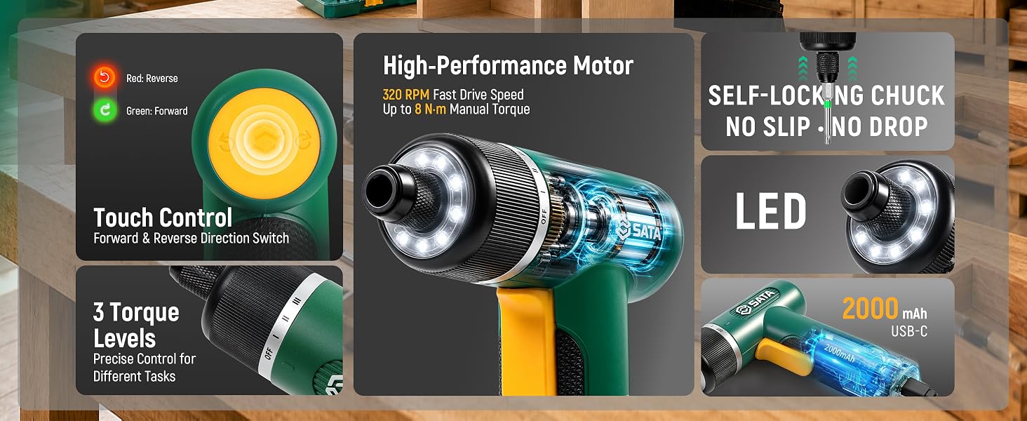 Cordless electric screwdriver with 320 RPM motor, 3 torque levels and LED work light