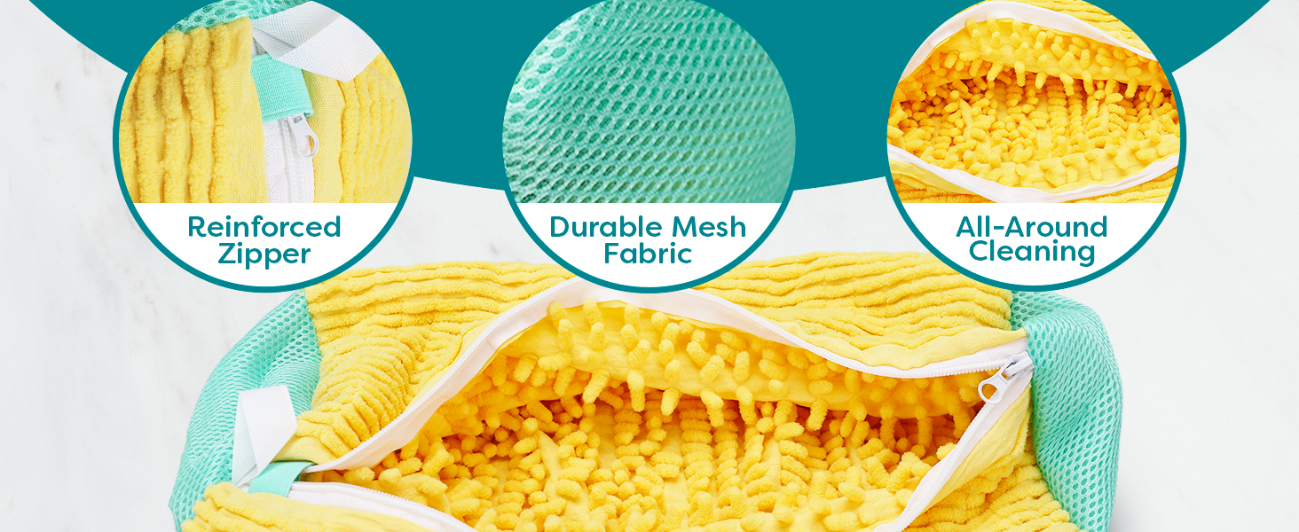 Product feature circles showing three different mesh and texture patterns on yellow background with teal border elements.