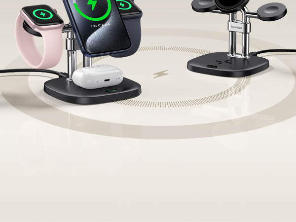 Charging stands for smartwatches or fitness trackers. Two black stands with circular bases and adjustable arms hold pink and black devices with lit screens.