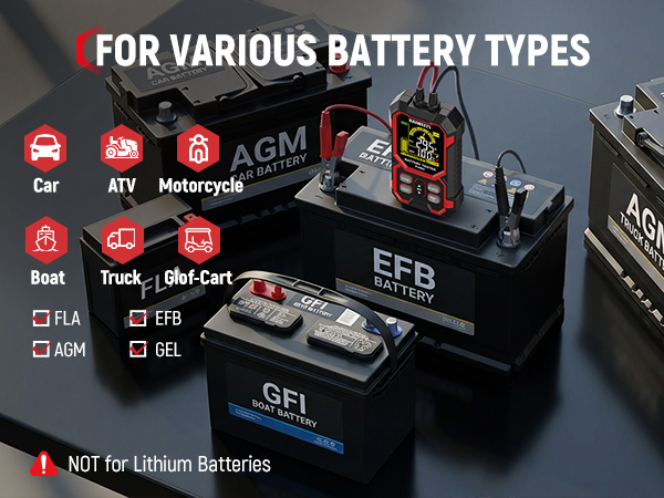 Text reads 'FOR VARIOUS BATTERY TYPES'.