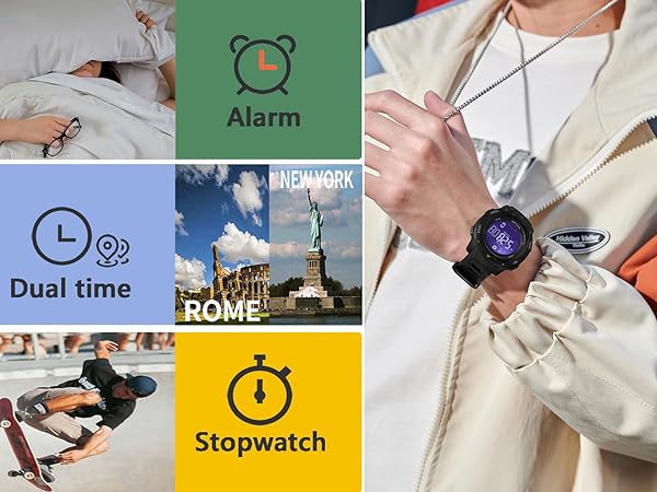 Come with alarm, stopwatch, LED backlight, calendar, dual time, shockproof and 12/24H time format