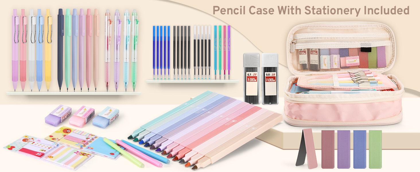 Stationery set featuring colorful pens, pencils, erasers, and a pink pencil case. Includes mechanical pencils, highlighters, sticky notes, and various writing accessories in pastel colors.
