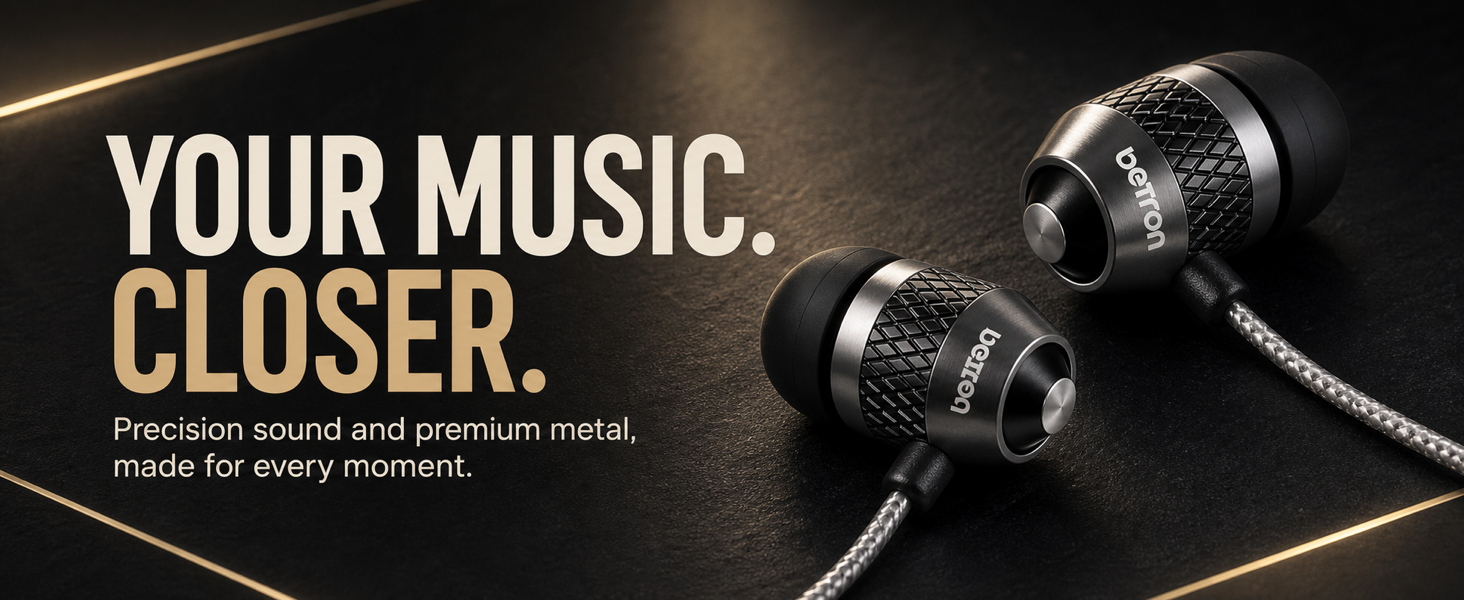 Betron metal earphones with textured detail on a sleek black background