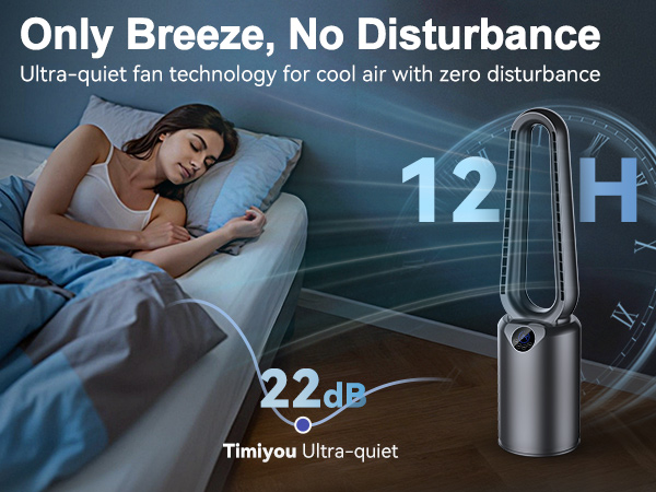 Text reads 'Only Breeze, No Disturbance Ultra-quiet fan technology for cool air with zero disturbance' and '22dB Tiniyou Ultra-quiet'. Shows sleeping person with tower fan and 12H time indicator.