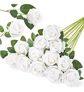 Lifewit 12 Pcs White Artificial Roses Flowers in Bulk, Fake Long Stem Silk Roses for DIY Wedding ...