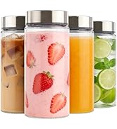 Cafezi 16 oz Wide Mouth Glass Juice Bottles with Stainless Steel Lids, Leakproof, Airtight, Reusa...