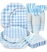 Houuqe 400 Pcs Gingham Party Supplies for 50 Guests Blue and White Scalloped Paper Plates and Nap...