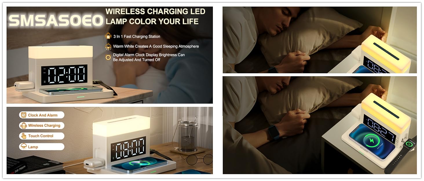 18W Fast Wireless Charging Station with Alarm Clock and Night Light