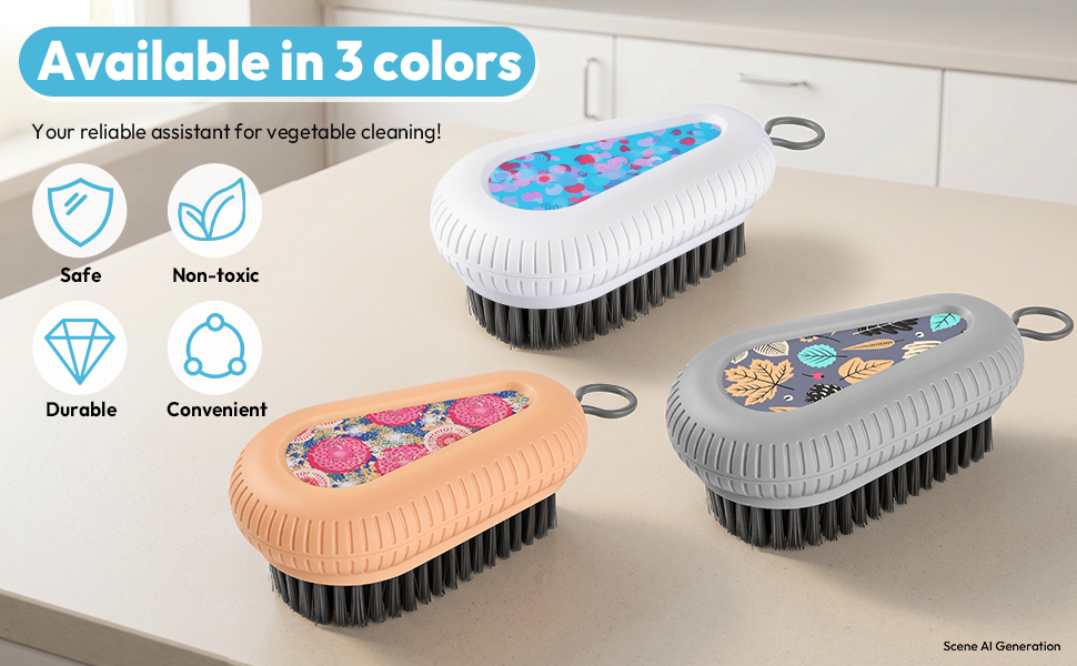Double-sided bristles, hard side removes dirt, soft side protects fruit skin