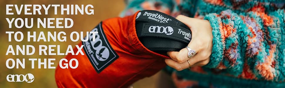 Everything you need to hang out and relax on the Go. Photo shows person removing straps from ENO bag