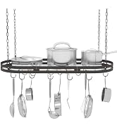 33” Hanging Pot Rack Ceiling Mount, Black Metal Pan Rack Hanging with 15 Hooks, Oval Pots and Pan...