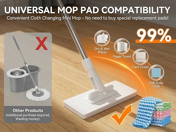 Snap Grip Mini Mop, Zero Touch Cloth Changing Mop with Automatic Push Pull Handle