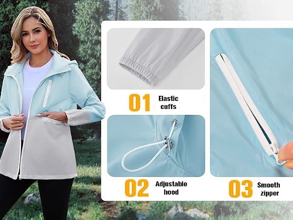 Rain Jacket Women Striped Lined Hooded Lightweight Raincoat Outdoor Waterproof Windbreaker