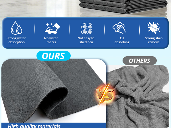 Comparison of our soft, durable, anti-pilling cleaning cloth vs. easily deformed competitors.