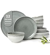 Pokini Gradient Green Stoneware Dinnerware Sets, 12 pcs Reactive Glaze Plates and Bowls Sets, Han...
