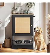 Pet Feeding Station with 1 Storage Cabinet & 2 Elevated Dog Bowls - Includes Side Hooks, Anti-Tip...