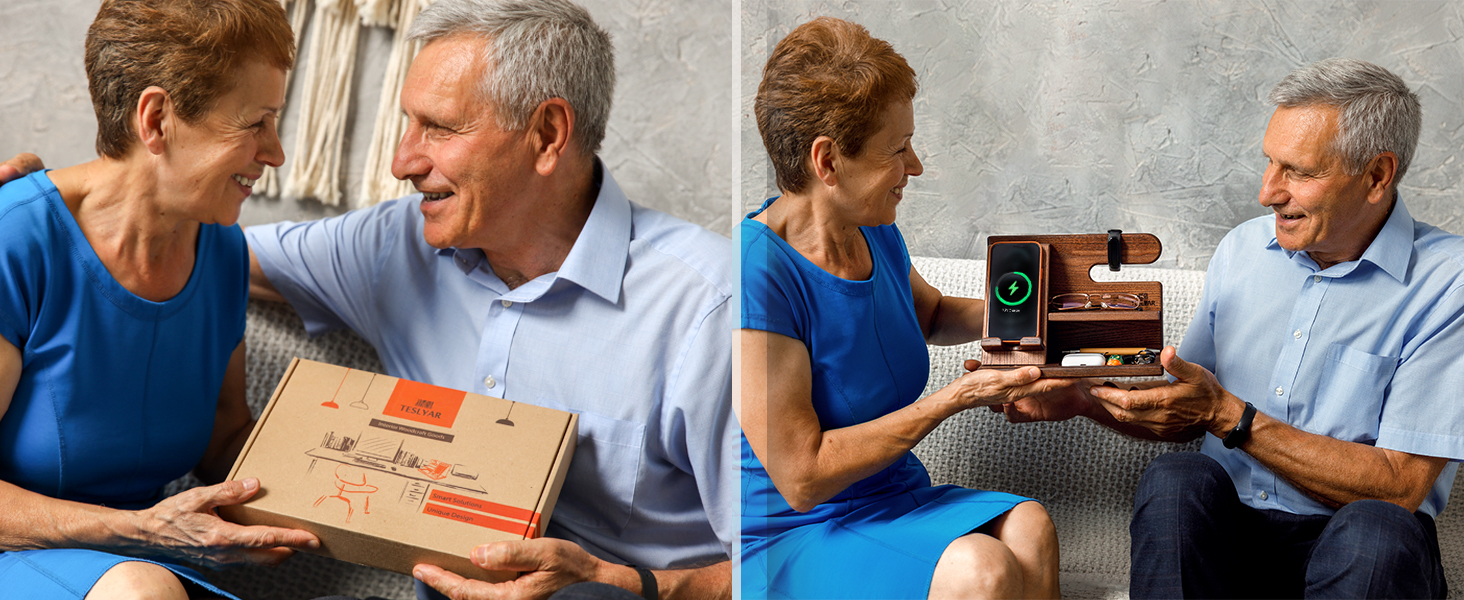 Two-panel image of older couple: Left shows man receiving package, right shows woman presenting small device to man, both seated on couch.