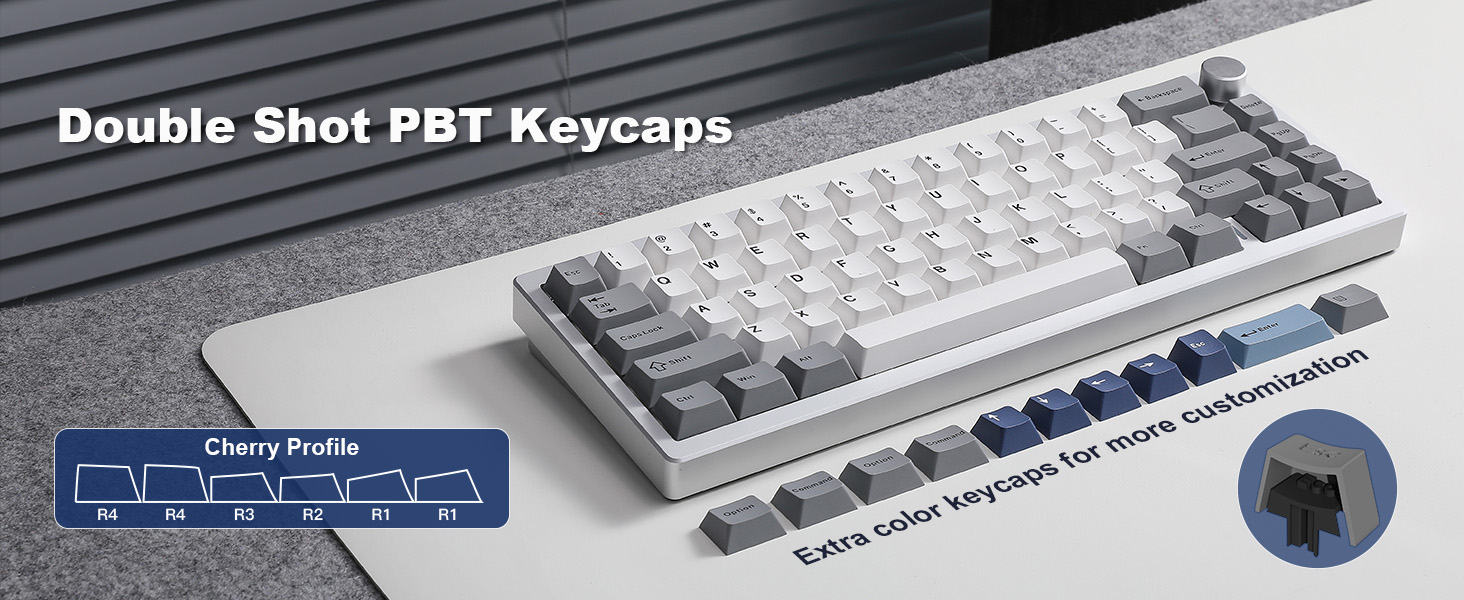 Text reads 'Double Shot PBT Keycaps'. Compact mechanical keyboard with white and gray keycaps, shown with additional keycaps and accessories in packaging.