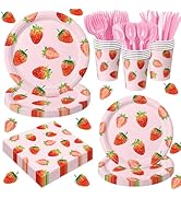 168 Pcs Strawberry Birthday Decorations Strawberry Party Decorations Includes Plates, Napkins, Cu...