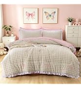 Holawakaka Ruffle Gingham Comforter Set Full for Girls, Kids Pink Bow Green Plaid Bedding Set wit...