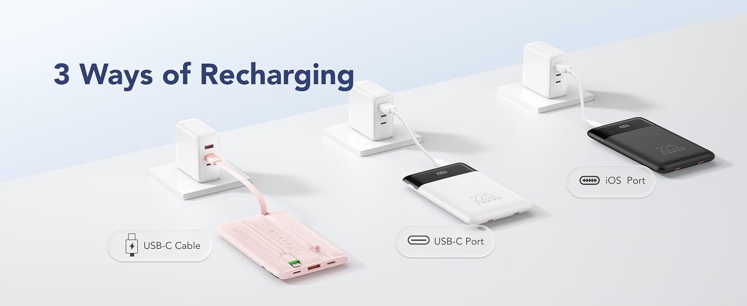 3 Ways of Recharging. 1. Built-in USB-C Cable. 2. USB-C Input Port. 3. Lightning Input Port..