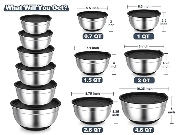 4.6/2.6/2/1.5/1/0.7 qt, 6 different sizes satisfy your large and small amount of demands