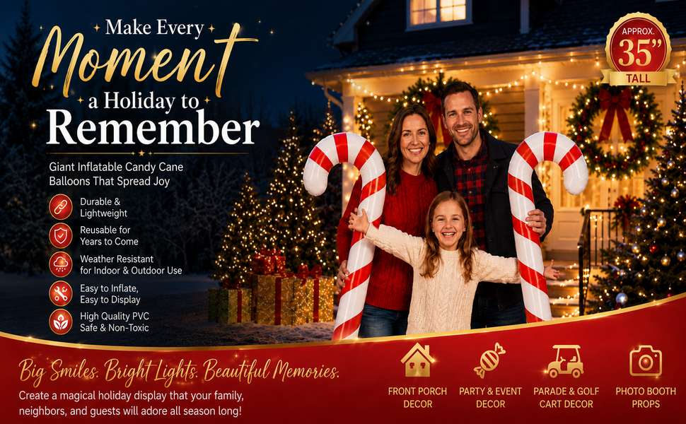 Family holding 35 inch inflatable candy cane balloons on a lit Christmas porch