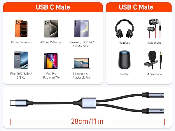 USB C to Dual 3.5mm Female Headphone Splitter