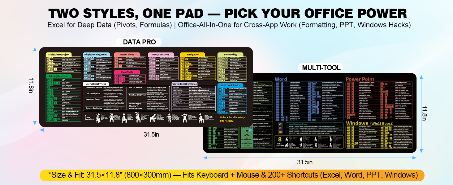 Two styles: Excel Pro for data, Multi-Tool for apps. 31.5x11.8", fits keyboard+mouse, 200+ shortcuts