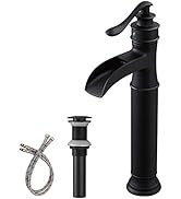 BWE Vessel Sink Faucet Waterfall Matte Black with Pop Up Drain Without Overflow and Supply Lines,...