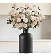 Lifewit Beige Artificial Flower for Vase, 8 Pcs Faux Silk Mums Ball with Long Stems and 2 Pcs Euc...