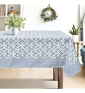 hometrixx Hand Block Print Rectangle Table Cloth Floral Farmhouse Washable Polyester Oil-Proof Ta...