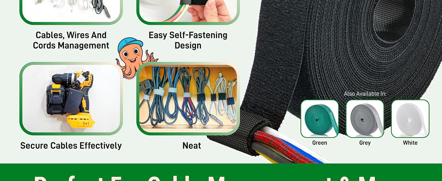 Self gripping hook and loop tape that wraps cables securely and adjusts easily as needed