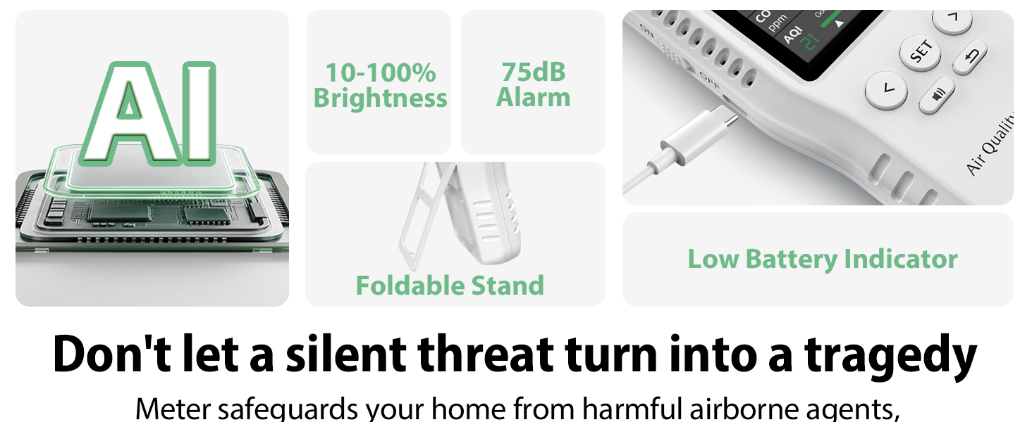 air quality monitor formaldehyde hcho tvoc voc co2 pm2.5 aqi meter detector alarm tester home indoor