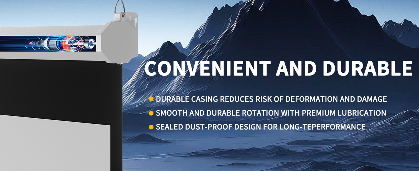 Close-up of a product with durable casing, featuring smooth rotation and dust-proof design. Mountain landscape backdrop with text highlighting convenience and durability features.