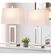Cinkeda Table Lamp Set of 2 with USB C+A Ports & AC Outlet, Bedside Lamps, Modern Bedroom Lamps, ...