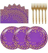 75PCS Paper Plates and Napkins Set - Purple and Gold Dot Disposable Party Dinnerware Includes Pap...