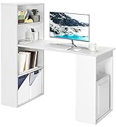 Tangkula White Computer Desk with Bookshelf, Writing Study Desk with Storage Shelves & CPU Stand,...