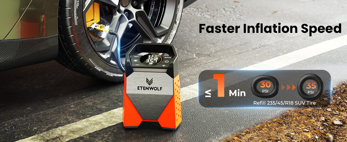 Text reads "Faster Inflation Speed" with timer showing "5 Min". Orange portable air pump inflating vehicle tire, displaying rapid inflation capability with 5-minute speed indicator and control panel.