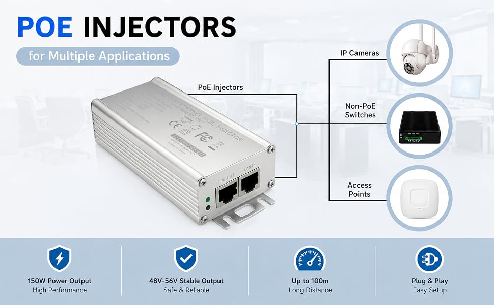 Text reads "POE INJECTORS" and "30W High Power". White rectangular network injector device with two Ethernet ports, shown with connected components and four feature icons below listing specifications.