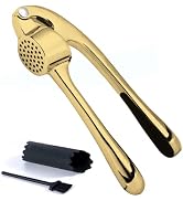 Premium Garlic Press, Garlic Mincer Set of 3 with Silicone Roller Peeler & Cleaning Brush - Gold