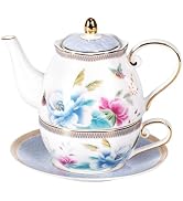 KAMMAK Tea for One Set, Fine Bone China Teapot Cup and Saucer Set, Pocerlain Tea Set for One,Cera...
