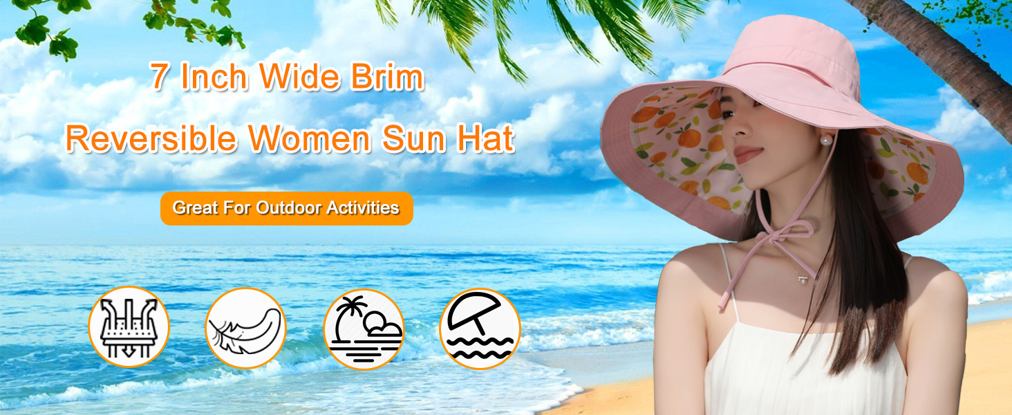 Super Brim Women Sun Hat reversible fruit pattern lightweight Summer Beach Bucket Fishing Hats