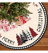 Christmas Tree Skirt 48 Inches Black White Buffalo Plaid | Xmas Tree Skirt with Snowflake Merry C...