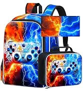 AGSDON 3PCS Game Console Backpack for Boys, 17" Kids Bookbag with Lunch Box for Boy, Flame Thunde...