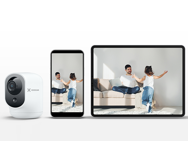 Smart home camera system. Left shows camera and smartphone. Right displays tablet with live feed of a room and two people.