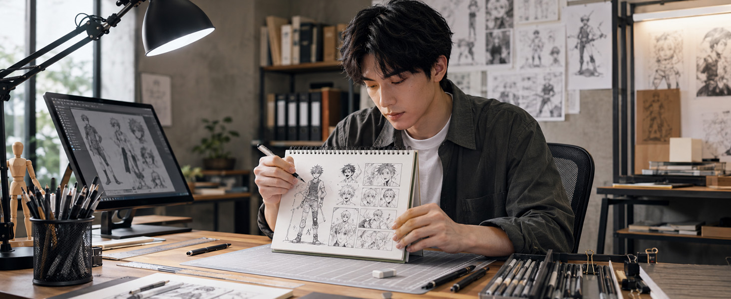 A young artist uses a SuFly sketchbook for character design, concept sketches, and studio drawing.