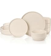 Vase and Vessel Ceramic Dinnerware Set, 12-Piece Service for 4, Soup Bowls (25 oz), Salad Plates ...